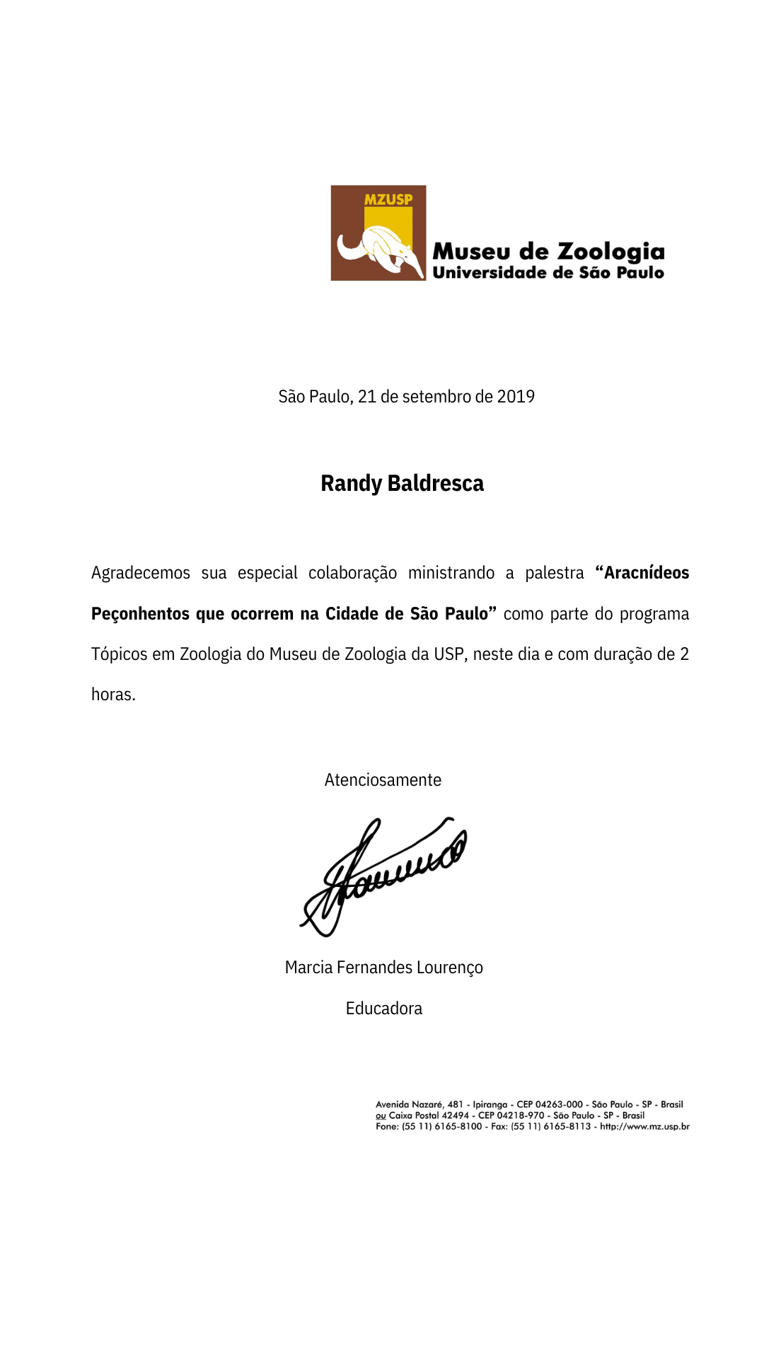 Certificado Museu de Zoologia USP Randy Baldresca